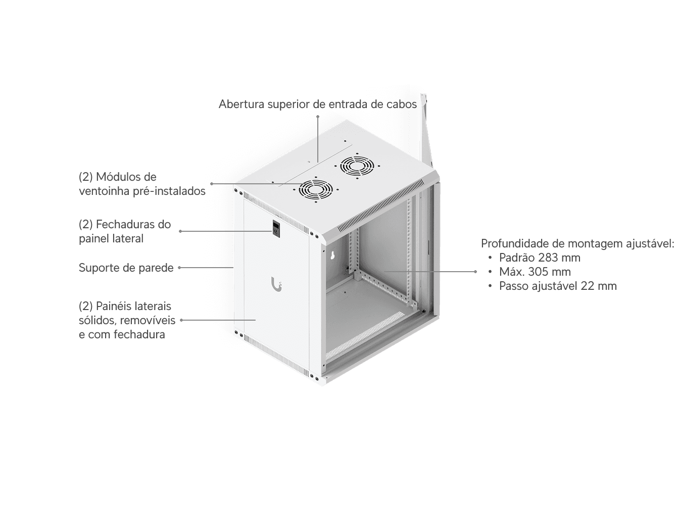 Gabinete de Rack 12U, 450 mm, Porta de Vidro