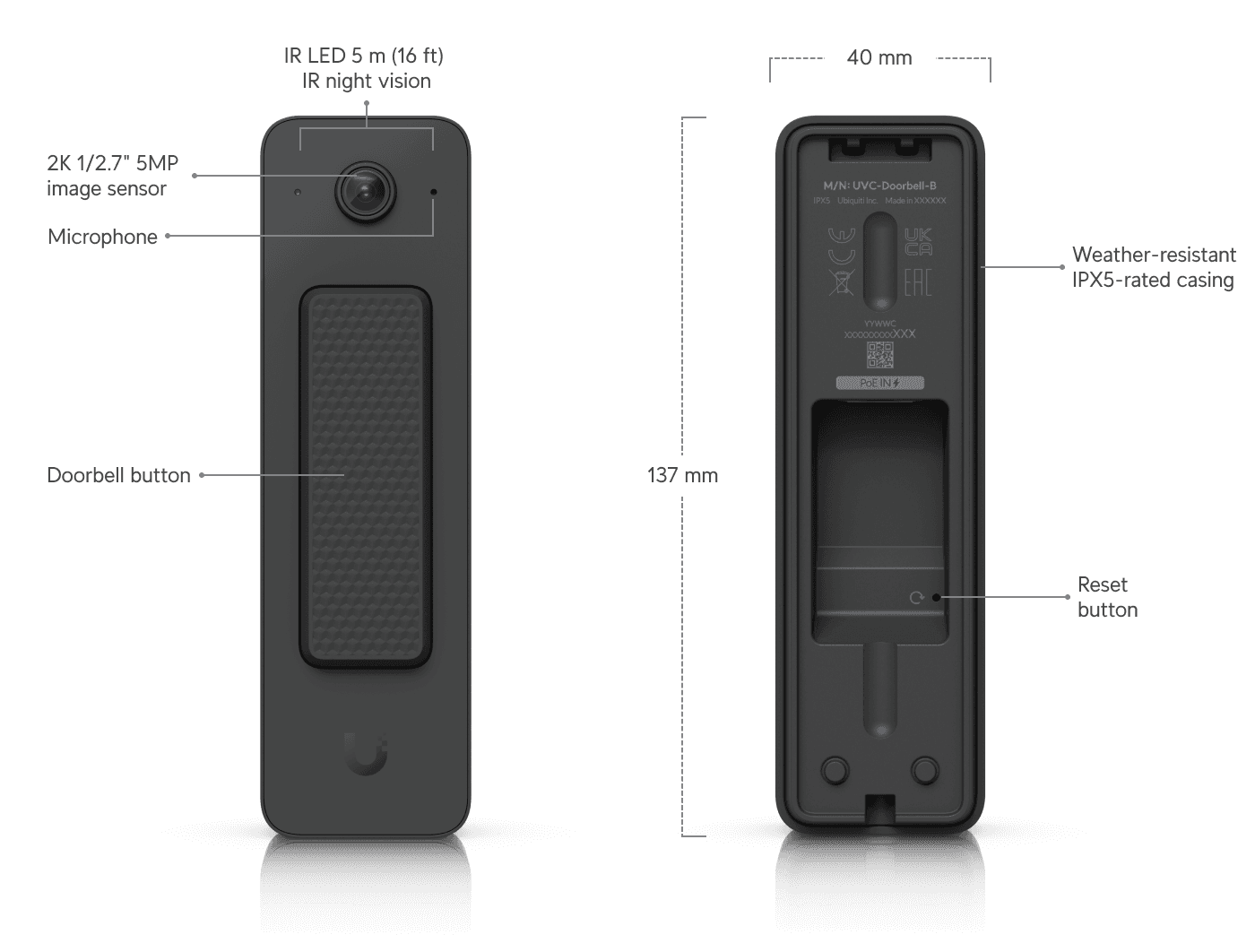 UniFi Doorbell Lite – technisch aanzicht 1, uitvoering 2